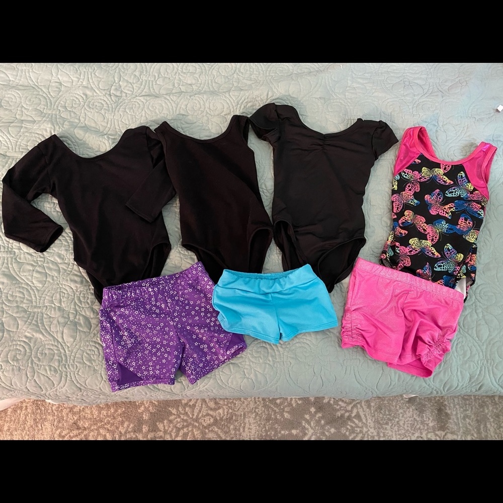 XS 4/5 kids leotards & gym shorts